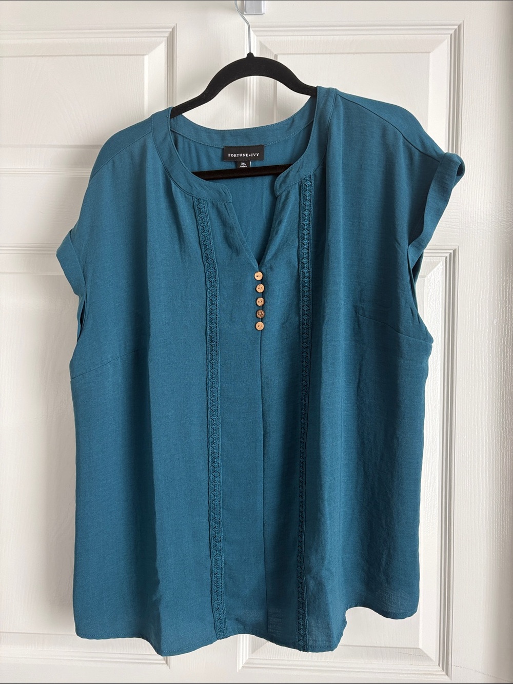 Fortune + Ivy Teal Short-Sleeve Pintuck Button Blouse